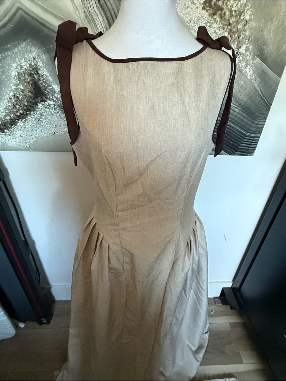 SHEIN Beige Maxi Dress with Brown Tie-Shoulder Trim